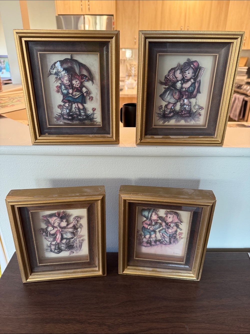 Vintage Evans Hummel Style 3D Shadow Box Framed Foil Art Prints - Set of 4